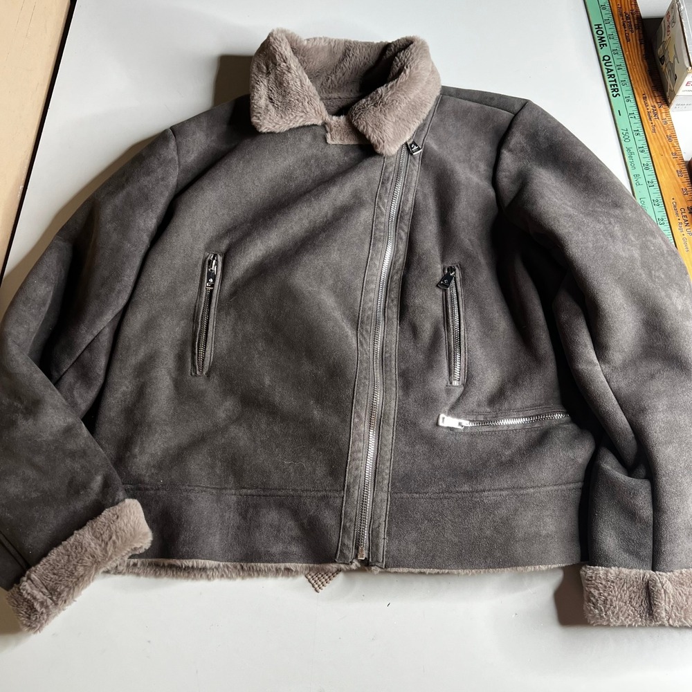 Lauren Ralph Lauren Faux Suede Fur Lined Moto Jacket Gray XL